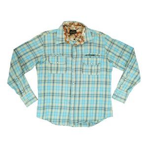 Cockpit USA Plaid Shirt Mens Large L Blue Plaid Button Up Owl Print‎